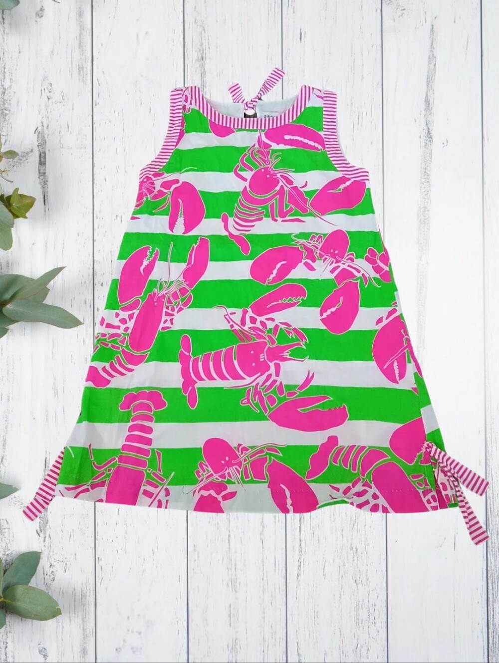 Gretchen Scott Pink, 100%Cotton, Green & White Lobster Stripe Tank Dress Preppy
